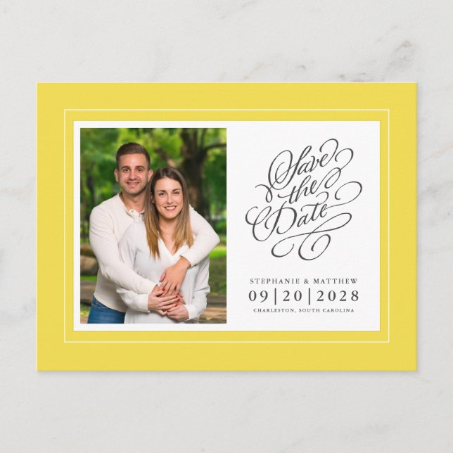 Postal De Anuncios Guardar la Fecha Foto Amarillo Elegante Boda (Anverso)