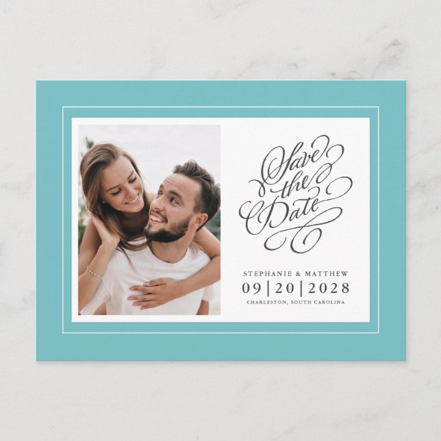 Postal De Anuncios Guardar la Fecha Foto Boda Acuático Elegante Chic (Anverso)