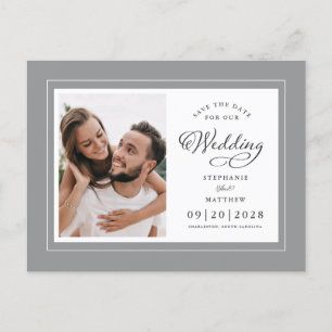 Postal De Anuncios Guardar la Fecha Foto Boda Elegante Gris y Blanco