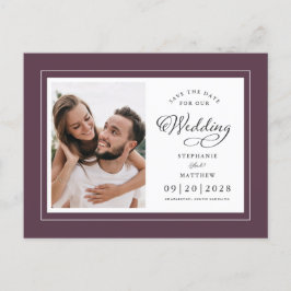 Postal De Anuncios Guardar la Fecha Foto Boda Elegante Púrpura y Blan