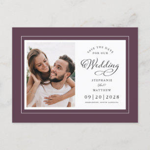 Postal De Anuncios Guardar la Fecha Foto Boda Elegante Púrpura y Blan