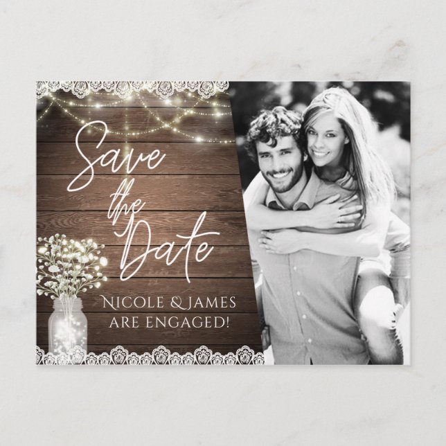 Postal De Anuncios Guardar la Fecha Foto Rústica de Tarro de Mason co (Anverso)