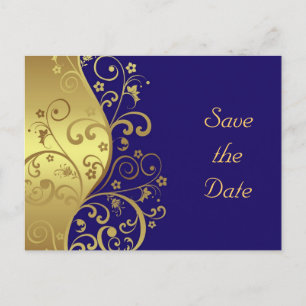 Postal De Anuncios Guardar la fecha (Gold Swirls y Dark Blue)
