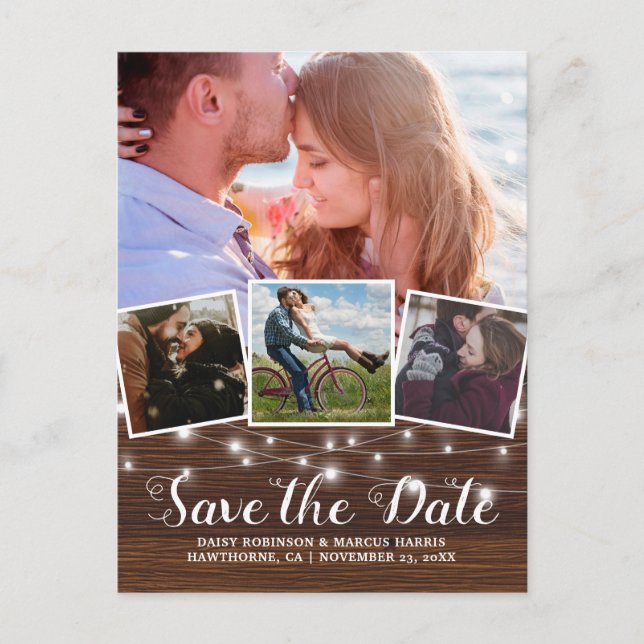 Postal De Anuncios Guardar la fecha Madera rústica 4 Fotos (Anverso)