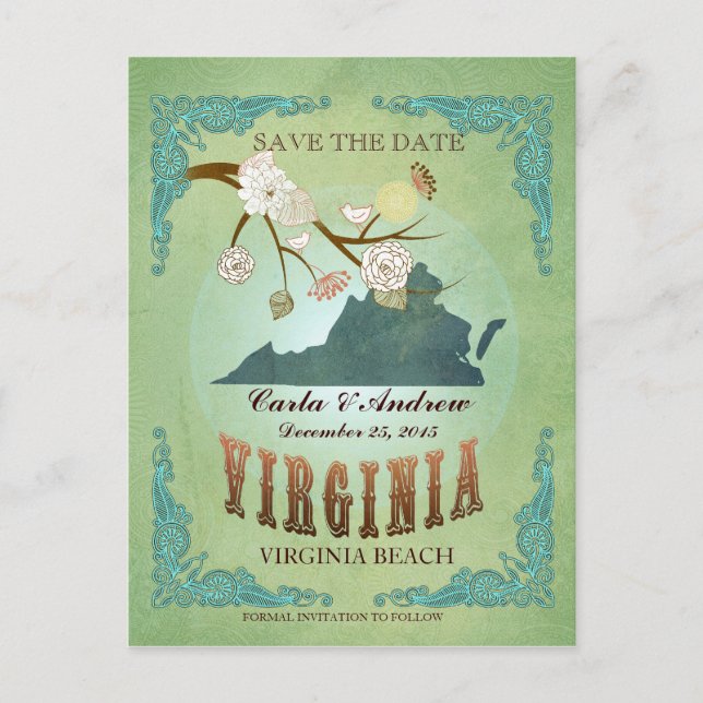 Postal De Anuncios Guardar la Fecha - Mapa de Virginia con hermosos p (Anverso)