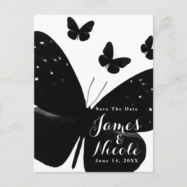 Postal De Anuncios Guardar la Fecha Mariposas Negras sobre Blanco (Anverso)