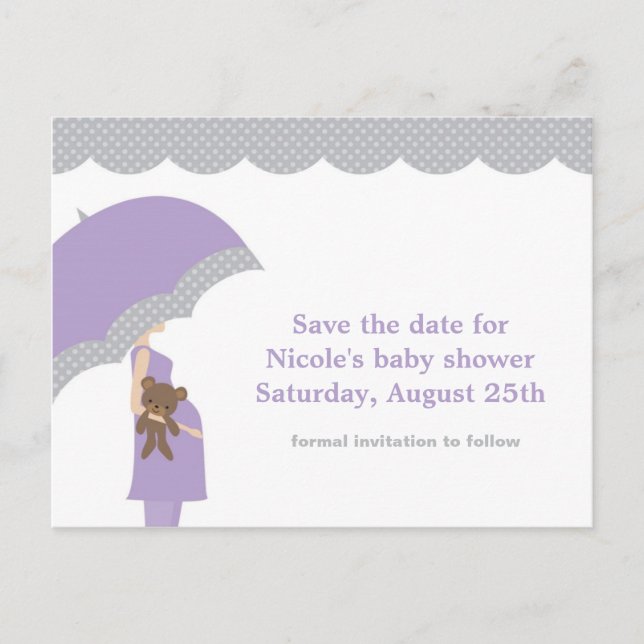 Postal De Anuncios Guardar la fecha para baby shower Lavender Umbrell (Anverso)