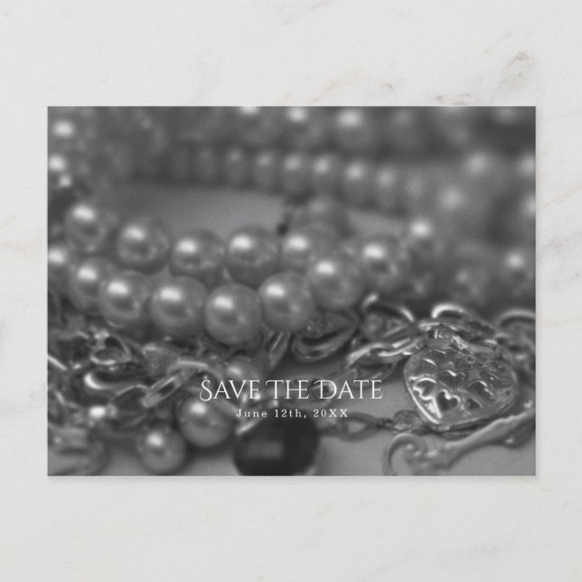 Postal De Anuncios Guardar la Fecha Perlas Elegantes en Blanco y Negr (Anverso)