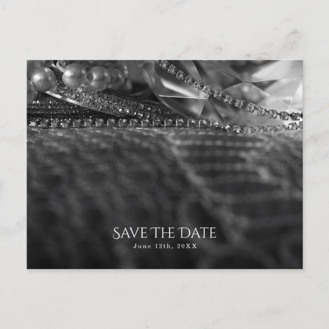 Postal De Anuncios Guardar la Fecha Perlas Elegantes en Blanco y Negr (Anverso)