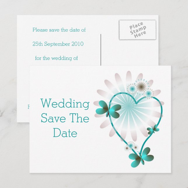 Postal De Anuncios Guardar La Fecha Postcard Mint Heart And Butterfli (Anverso / Reverso)