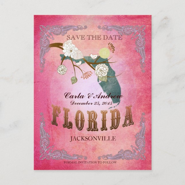 Postal De Anuncios Guardar la Fecha Rosa - Mapa de Florida con hermos (Anverso)