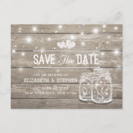 Postal De Anuncios Guardar La Fecha Rustic Wood Mason Jar String Ligh