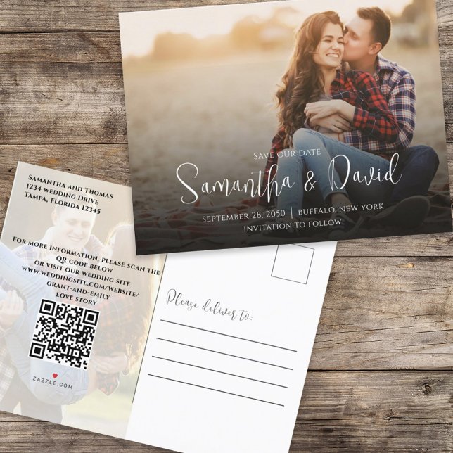 Postal De Anuncios Guardar la fecha Script Foto Código QR Elegante Si (Subido por el creador)