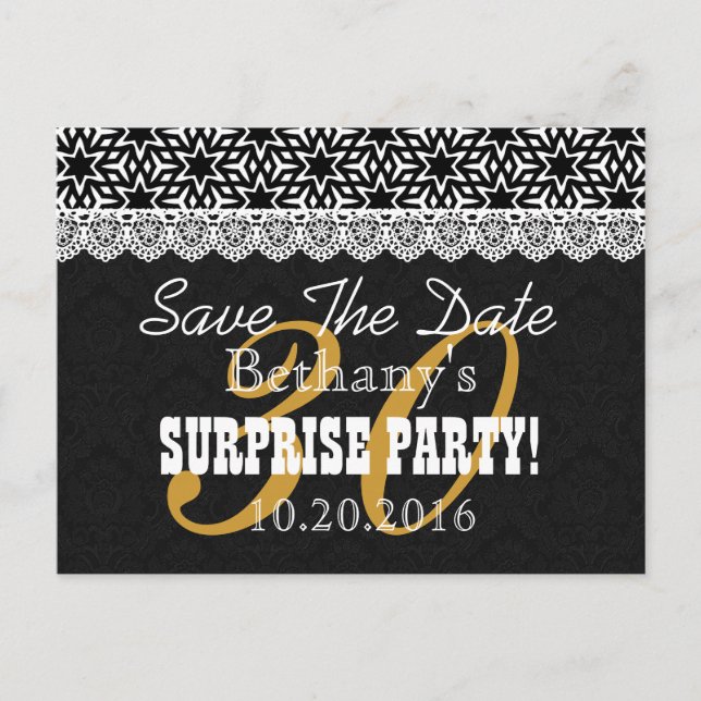 Postal De Anuncios Guardar la fecha SORPRESA cumpleaños V003 BLANCO N (Anverso)