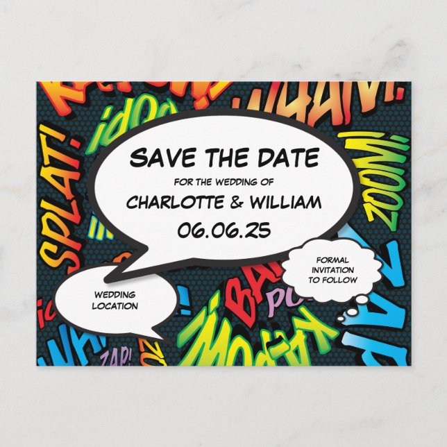 Postal De Anuncios Guardar la fecha Tema de cómic de superhéroes Boda (Anverso)