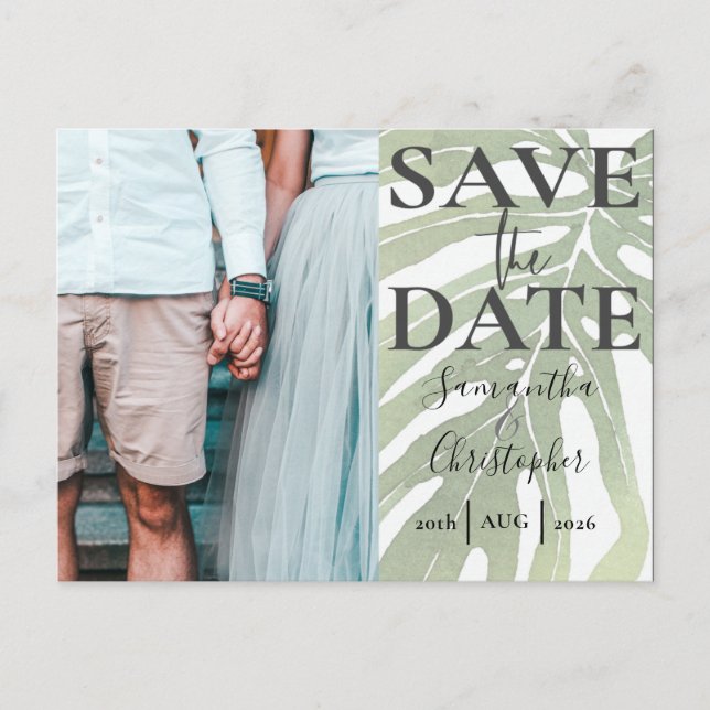 Postal De Anuncios Guardar la fecha Tropical Monstera Foto Boda (Anverso)