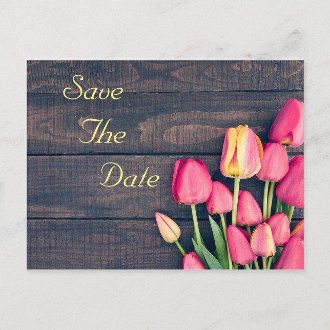 Postal De Anuncios Guardar la Fecha--Tulipanes Rosa Oscuro y Madera (Anverso)