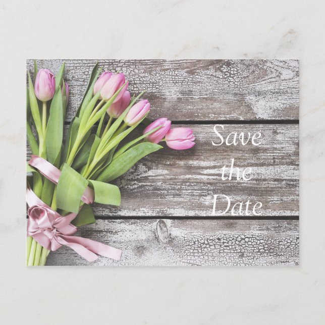 Postal De Anuncios Guardar la fecha: tulipanes rosados y madera (Anverso)
