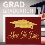 Postal De Anuncios Guardar La Graduación Faux Gold Grad<br><div class="desc">Envíe esta elegante y elegante postal de graduación de oro negro y falso a su familia y amigos. Graduación Guardar la postal de fecha diseño moderno y sencillo con un gorro de graduación. Cambia el color rojo a tu propio color escolar.</div>