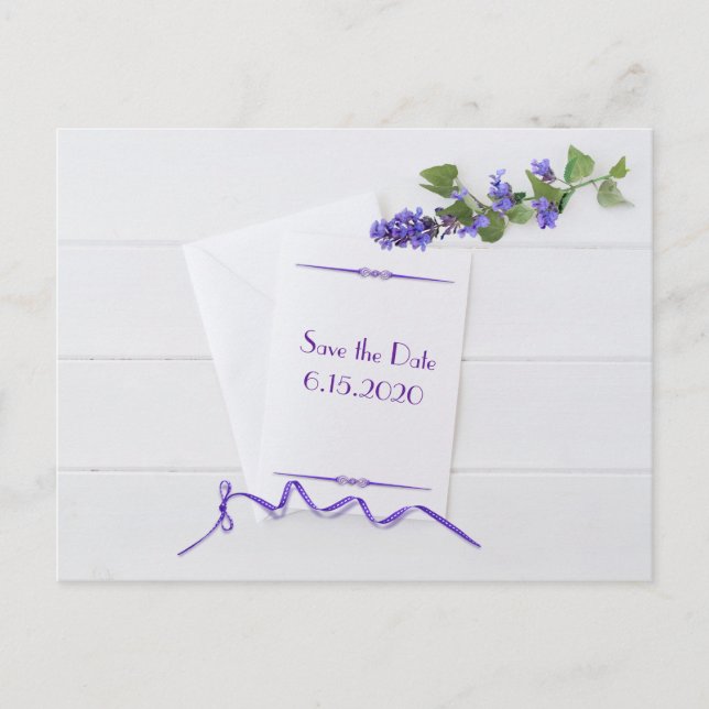 Postal De Anuncios Guarde la fecha con flores moradas (Anverso)