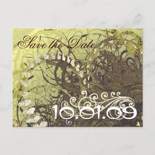 Postal De Anuncios Guarde la Fecha Corazones Amarillos y Marrones (Anverso)