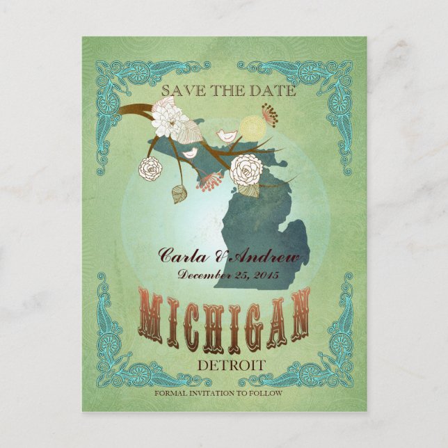Postal De Anuncios Guarde la Fecha - Mapa de Michigan con hermosas av (Anverso)