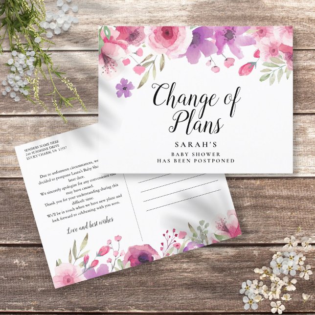 Postal De Anuncios Guión de Baby Shower Acuarela Floral Pospuesto (Baby Shower Script Watercolour Floral Postponed Announcement Postcard)