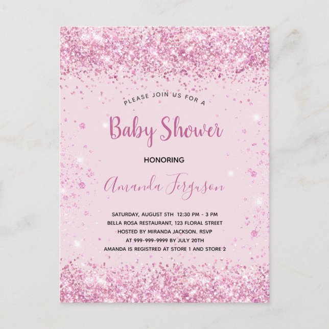 Postal De Anuncios Guión de chica de purpurina rosa de Baby Shower (Anverso)