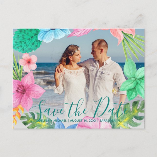 Postal De Anuncios Guión de foto de boda tropical luau en el océano g (Anverso)