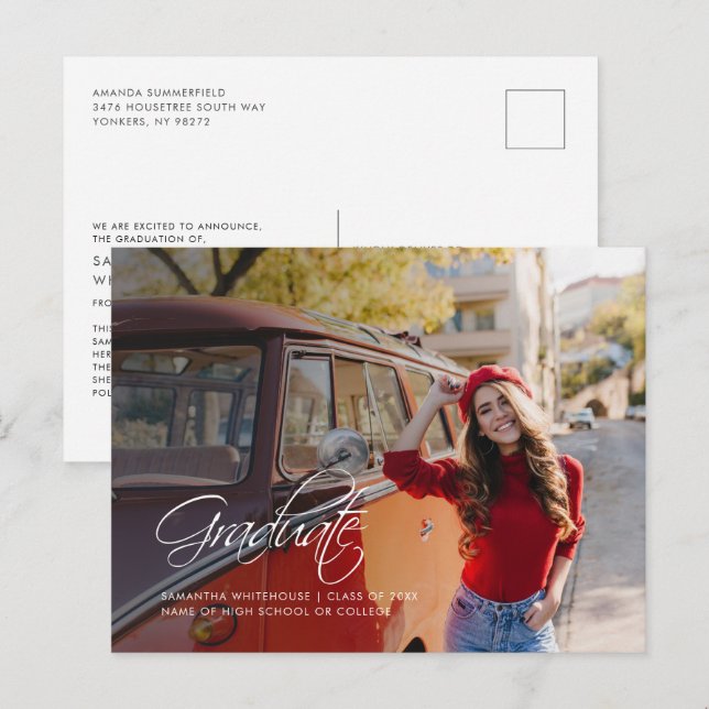 Postal De Anuncios Guión de foto de graduación Graduación moderna 202 (Anverso / Reverso)