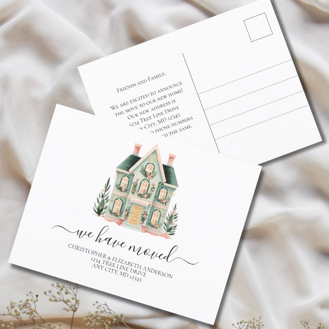 Postal De Anuncios Guión de nueva casa en mudanza  ({Personalized Cute Whimsical House Moving announcement postcard.)