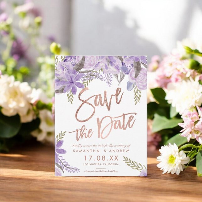 Postal De Anuncios Guión de oro Rosa Floral lavender guardar la fecha (Rose gold script Floral lavender save the date Announcement Postcard)