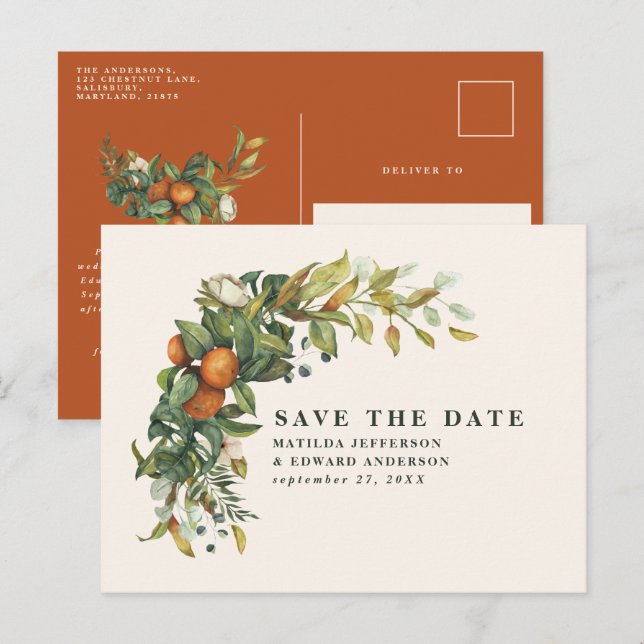 Postal De Anuncios Guión elegante boda cítrico botánico moderno (Anverso / Reverso)