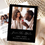 Postal De Anuncios Guión mínimo de 2 fotografías Negro Guardar la fec<br><div class="desc">Esta simple y minimalista postal Save the Date muestra una foto cuadrada encima de las palabras "Save the Date" en un elegante guión de escritura a mano en blanco, seguido por los nombres de la pareja, la fecha boda y la ciudad en letra sans serif en un fondo negro. Añada...</div>