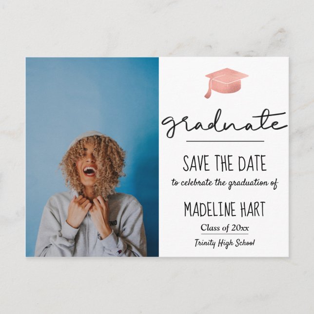 Postal De Anuncios Guión mínimo de graduado | Foto de guardar la fech (Anverso)