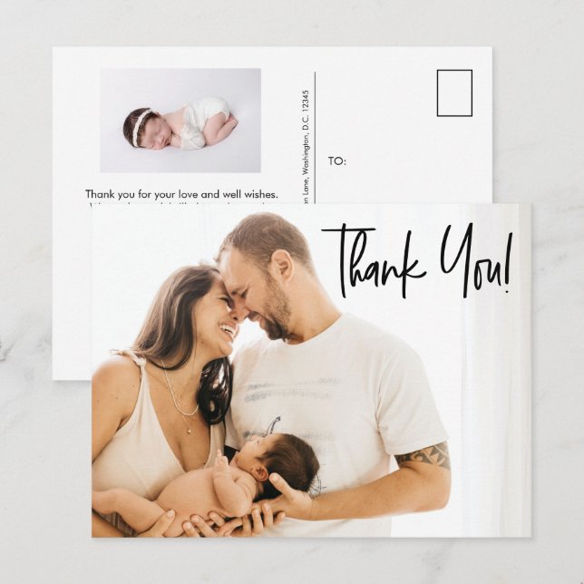 Postal De Anuncios Guión moderno de agradecimiento para fotos de bebé (Anverso / Reverso)