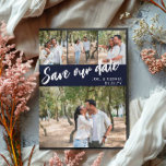 Postal De Anuncios Guión naval 4 fotos Boda guardar nuestra fecha<br><div class="desc">Bodas guardar la postal de fecha que puedes personalizar con cuatro de tus propias fotos, tres más pequeñas y una más grande. Guardar nuestra fecha se escribe diagonalmente a través de la postal en un guión blanco contra un fondo azul marino. Agregue sus nombres y la fecha del boda en...</div>