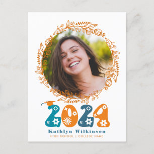 Postal De Anuncios Guión retro Groovy Graduación Floral Terracota