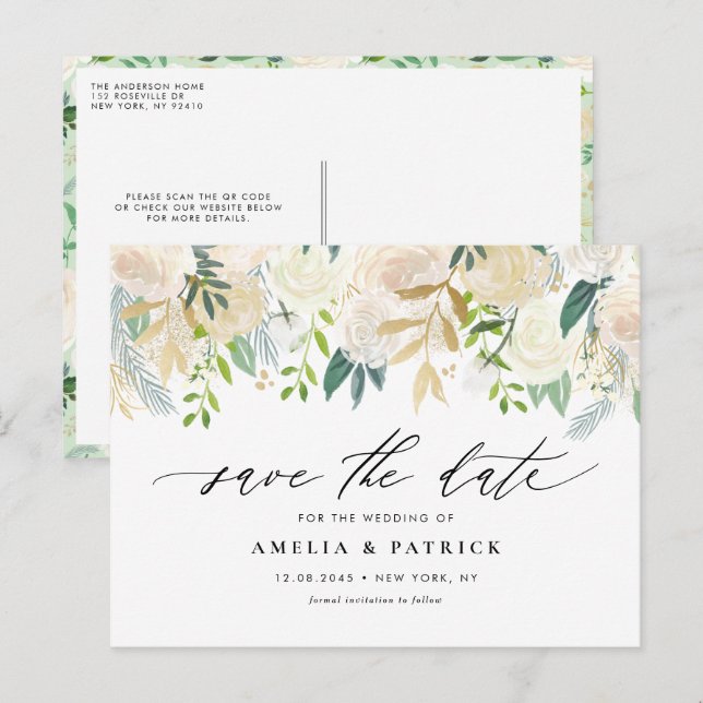 Postal De Anuncios Guirnalda Botánica Neutral Código QR Guardar Fecha (Anverso / Reverso)