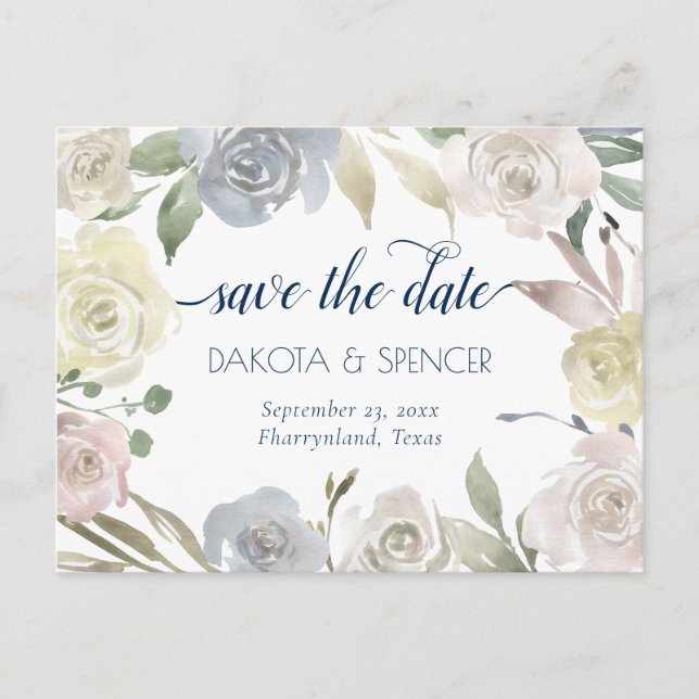 Postal De Anuncios Guirnalda floral suave | Boda azul rosa amarillo (Anverso)