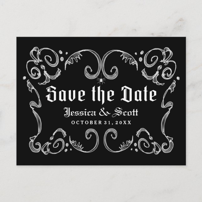 Postal De Anuncios Halloween Black White Gothic Scroll Guardar la fec (Anverso)