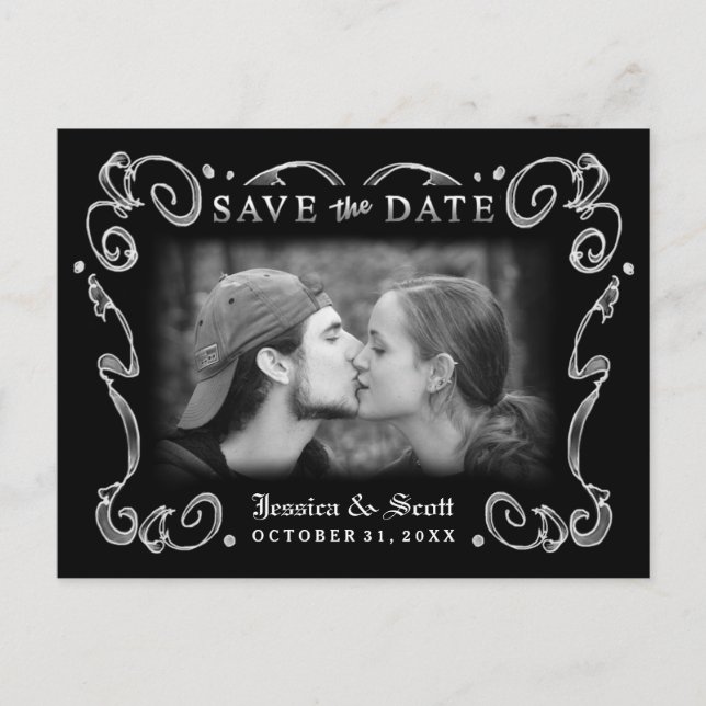Postal De Anuncios Halloween Black White Scroll Photo Save the Date (Anverso)