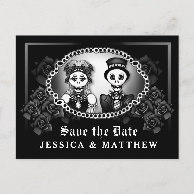 Postal De Anuncios Halloween Boda Black White Fun Skeletons (Anverso)