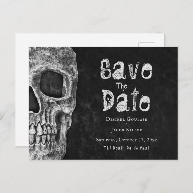 Postal De Anuncios Halloween De Calavera Gótica Salva La Fecha (Anverso / Reverso)