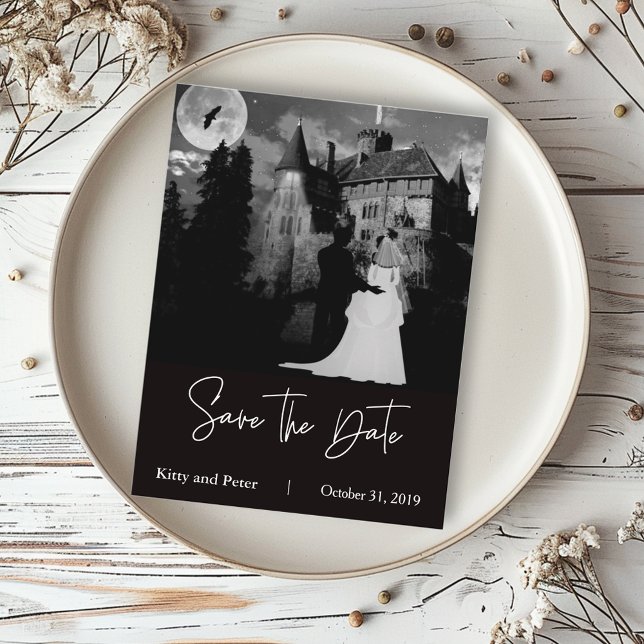 Postal De Anuncios Halloween Octubre Mansion Wedding Save The Date (Subido por el creador)
