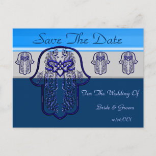 Postal De Anuncios hazaña de mano de Hamsa: corazón (Boda) (azul)
