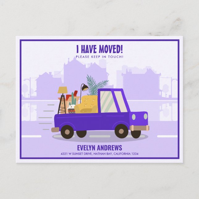 Postal De Anuncios He Movido el Coche Morado en la Carretera Mudándos (Anverso)