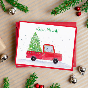 Postal De Anuncios Hemos Movido Camión Rojo Con Árbol De Navidad