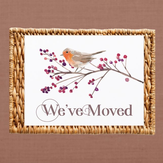 Postal De Anuncios Hemos movido el cambio de dirección nueva direcció (Watercolor bird on branch postcard — a stylish change of address card for family and friends.)