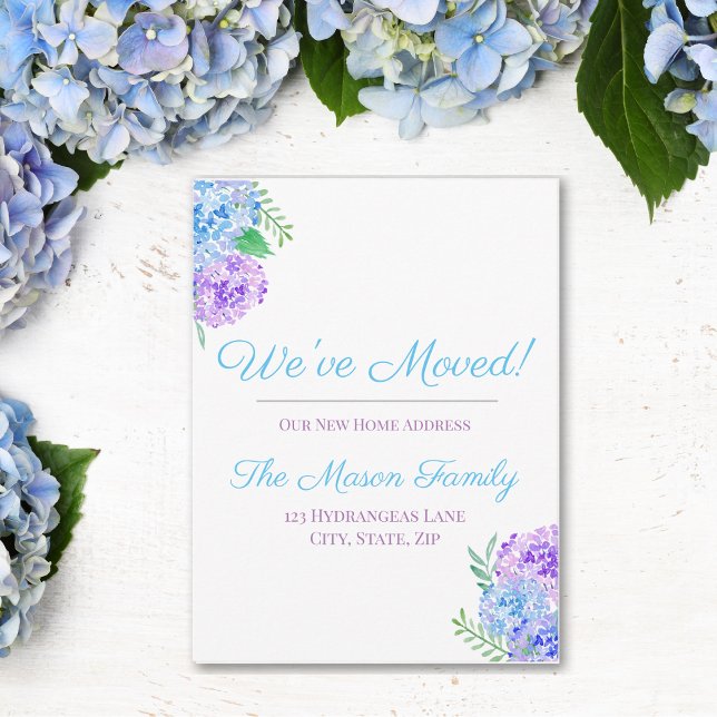 Postal De Anuncios Hemos Movido Hortensias Acuarela Nueva Dirección (Charm loved ones with watercolor blooms, announcing your move sweetly and stylishly.)